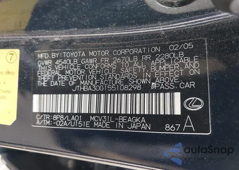 2005 Lexus Es 330 из США, поврежденный, VIN JTHBA30G155108298